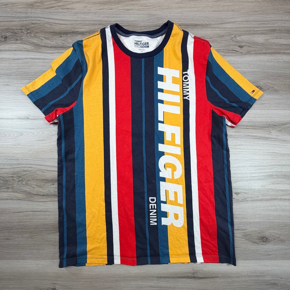 Tommy Hilfiger Denim Mens Striped Graphic T-Shirt Multicolor Red Yellow Navy M